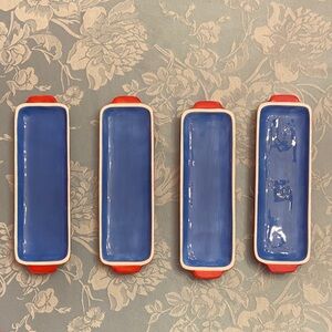 Department 56 Set of Four Blue and Red Ceramic Corn on cob dishes